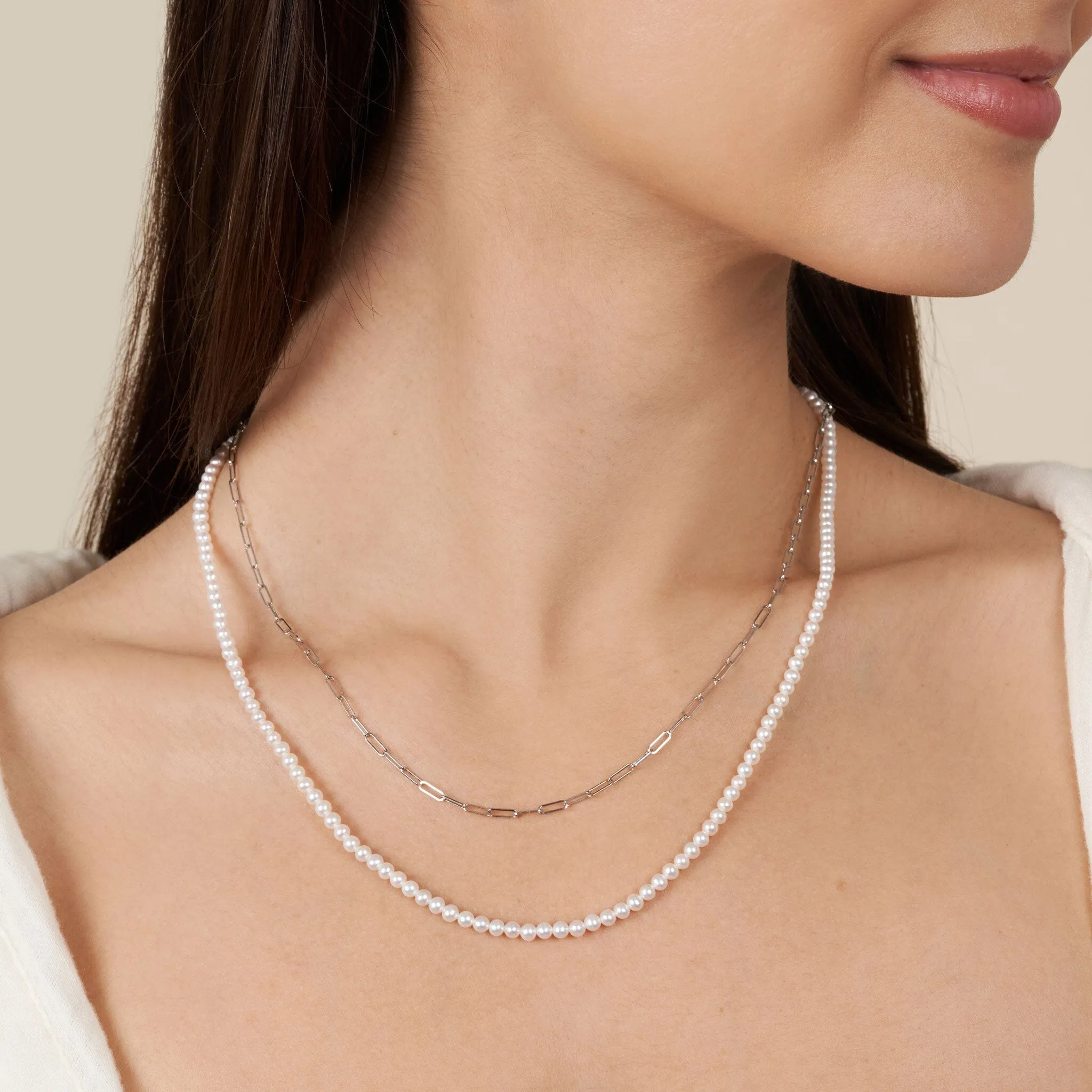 3.0-3.5 mm AAA Freshwater Pearl Necklace with Paperclip Chain Set