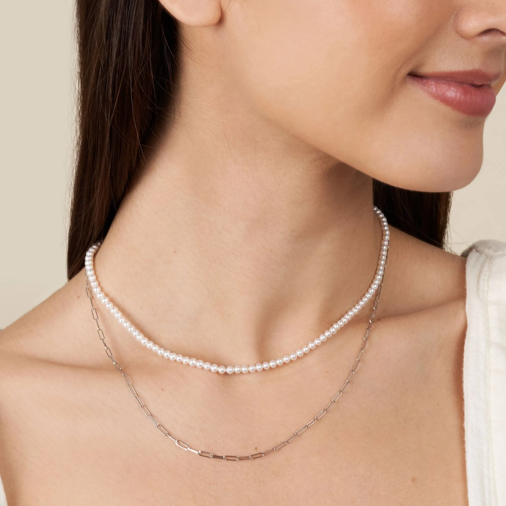 3.0-3.5 mm AAA Freshwater Pearl Necklace with Paperclip Chain Set