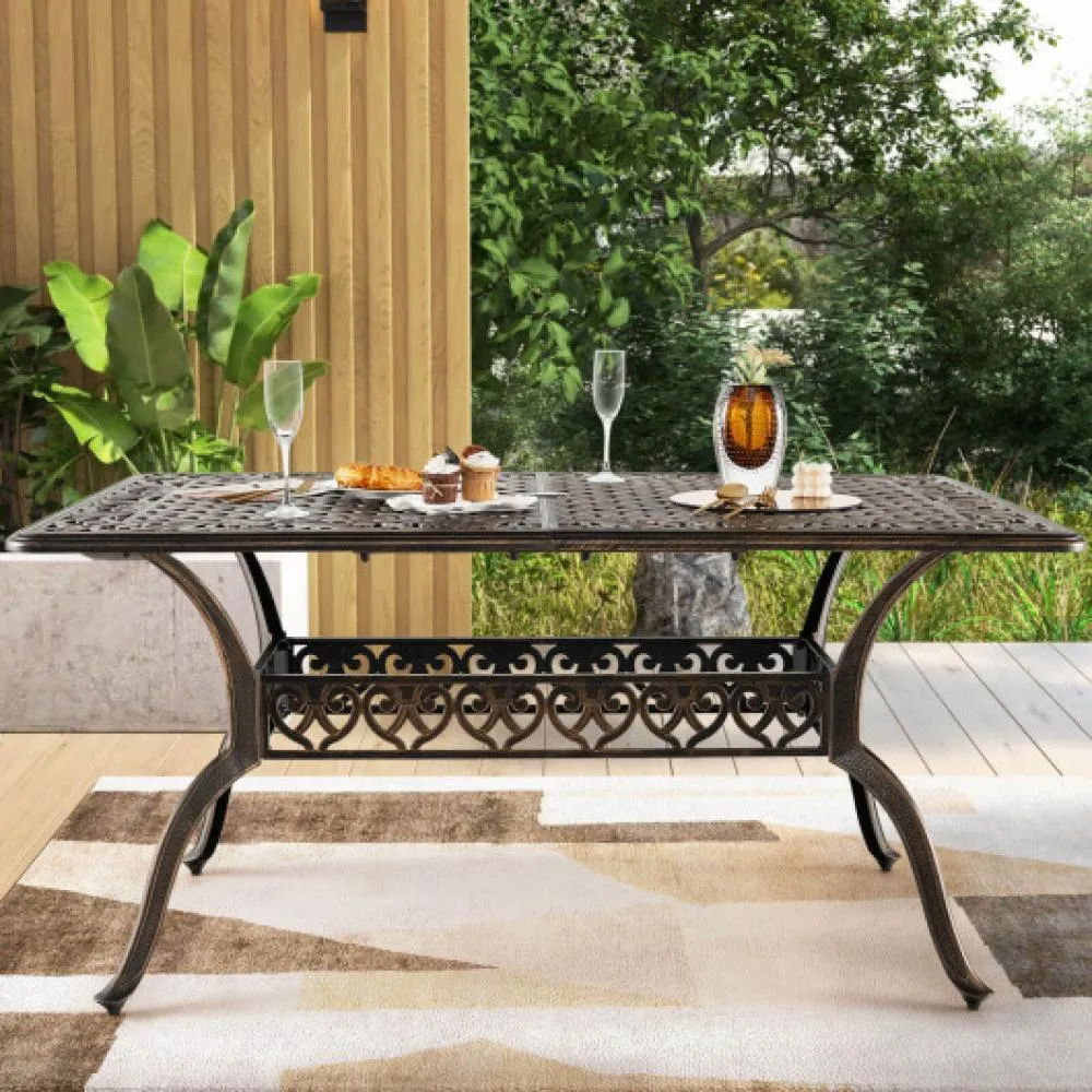 59 Inch Aluminum Patio Dining Table with Umbrella Hole fot 6 Persons-Bronze