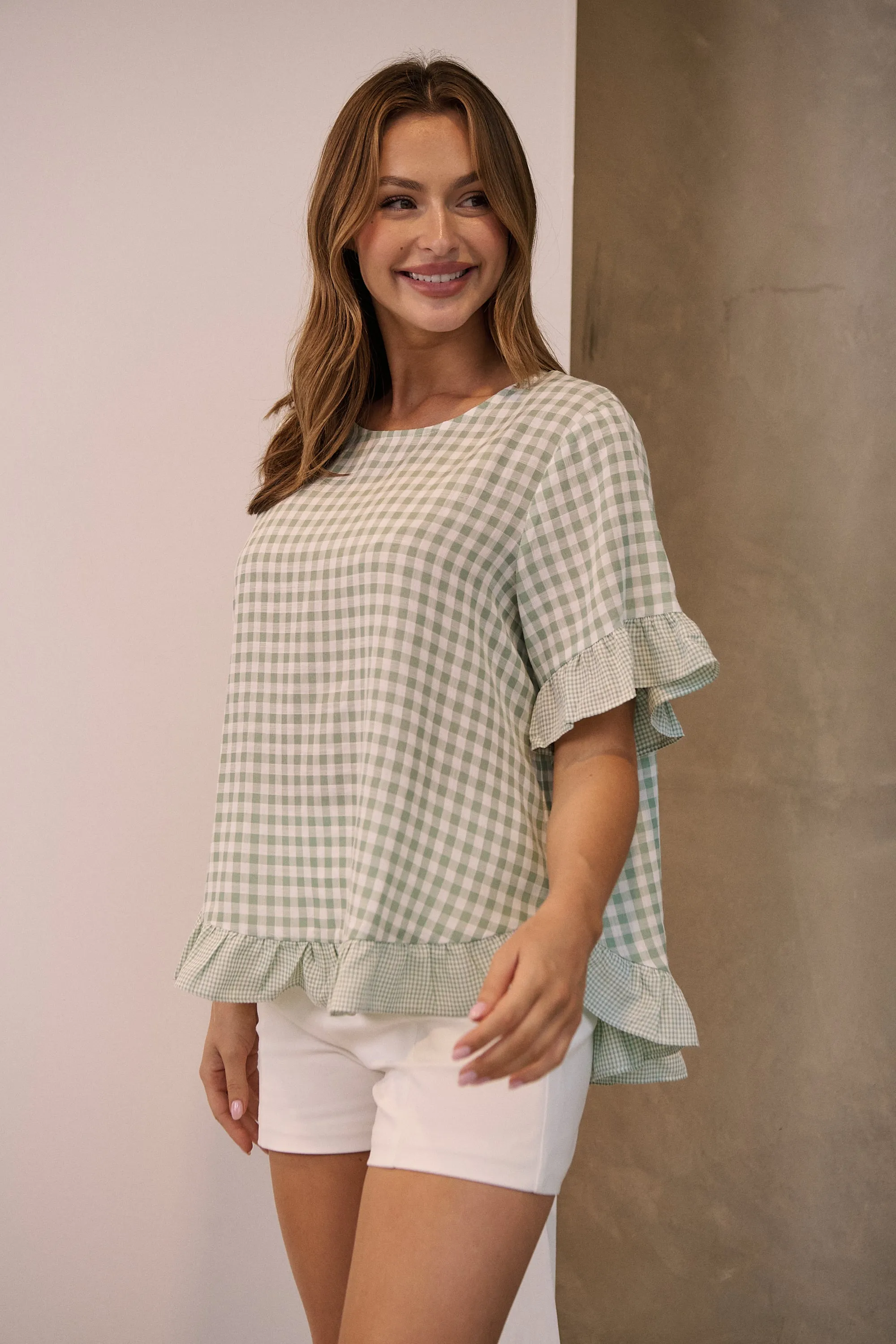 Aries Green Gingham Print Linen Tee