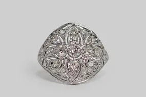 Art Deco Era Fleur De Lis OMC Diamond Cluster Ring in 18k & Platinum