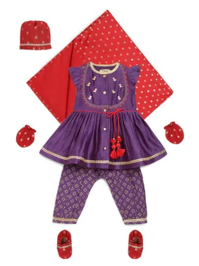 Baby Girl Chanderi Silk Ruffle Sleeves Combo Set - Purple