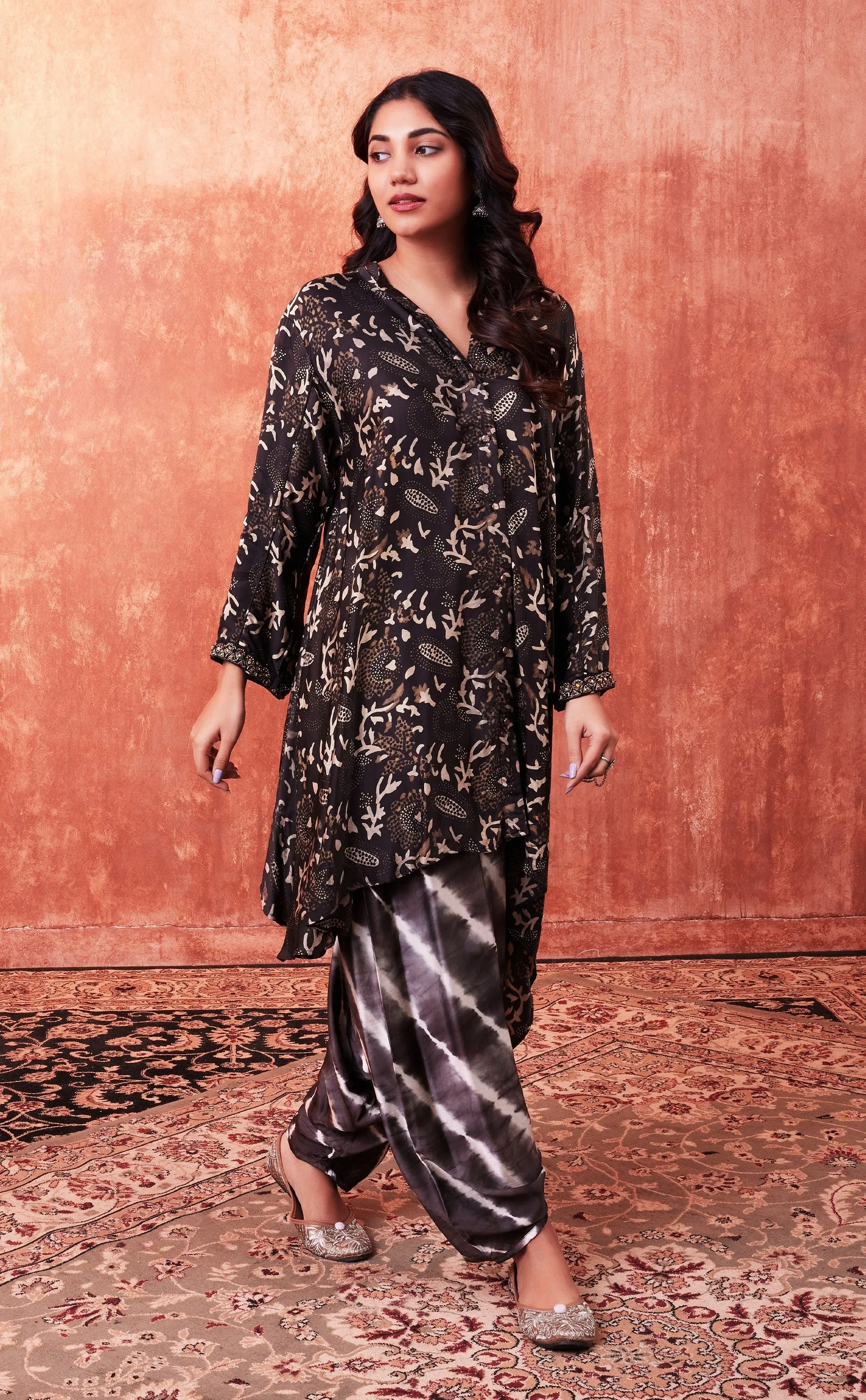 Black Ajrakh Printed Habutai Silk Kurta Salwar Set