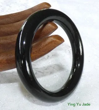 Black Deep Natural Color Chinese Jade Bangle, Traditional Round, 56mm (NJBLACK56)