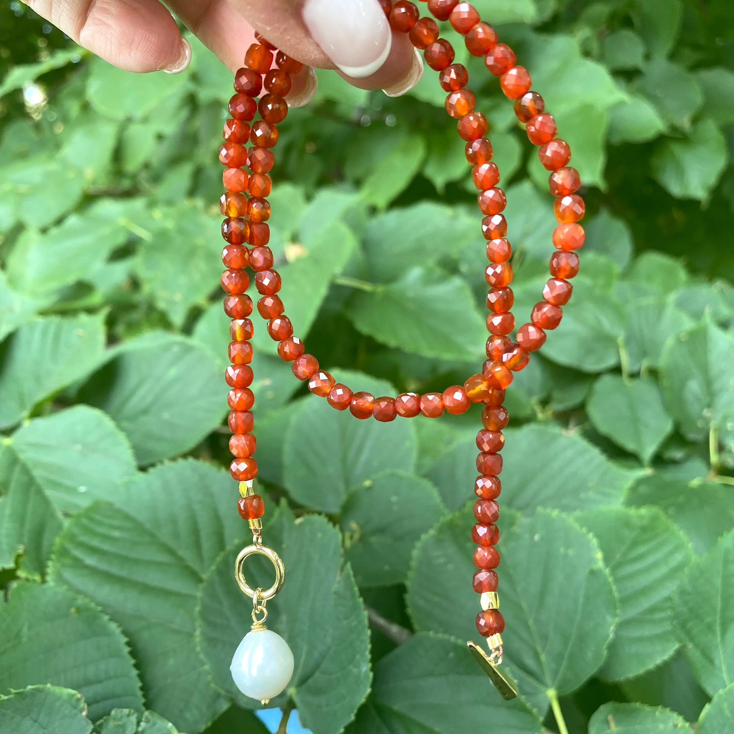 Carnelian Toggle Necklace with Baroque Pearl Pendant, Gold Plated, Gemstone Beaded Choker Necklace,17inch