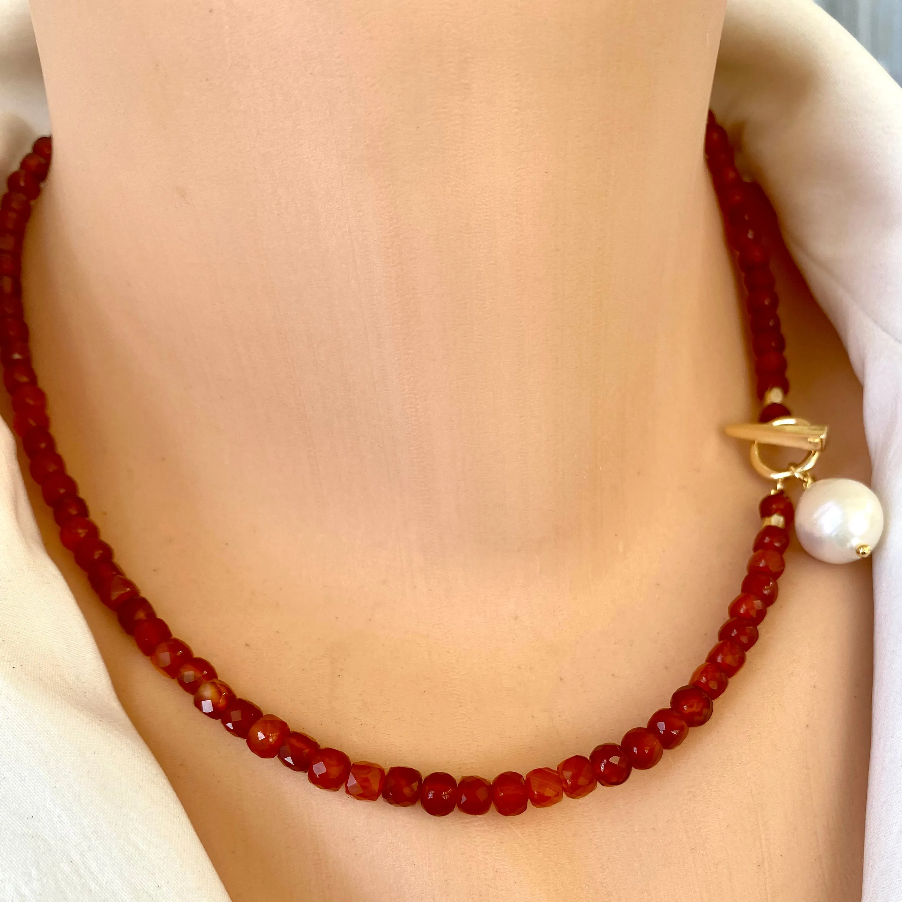 Carnelian Toggle Necklace with Baroque Pearl Pendant, Gold Plated, Gemstone Beaded Choker Necklace,17inch