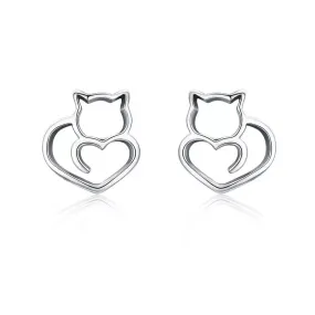 Cat Heart Earrings in Solid 925 Sterling Silver