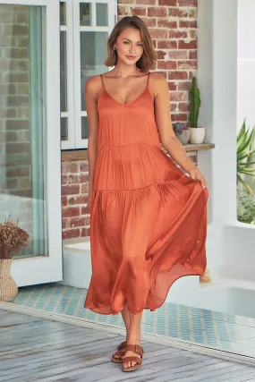 Collette Satin Tiered Orange Maxi Dress