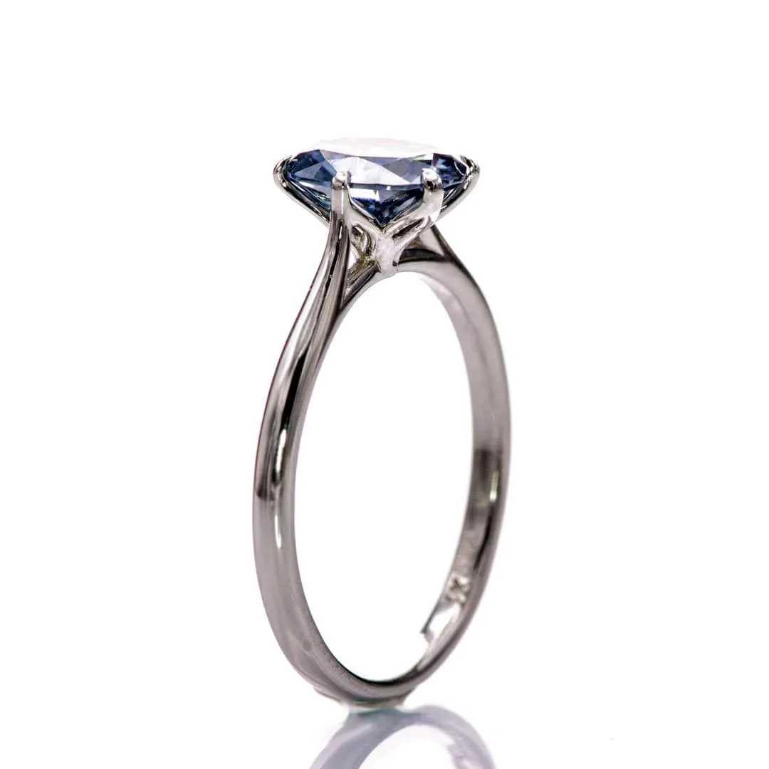 Dahlia Solitaire - Oval Blue Moissanite 6-Prong 14k White Gold Engagement Ring, Ready to Ship