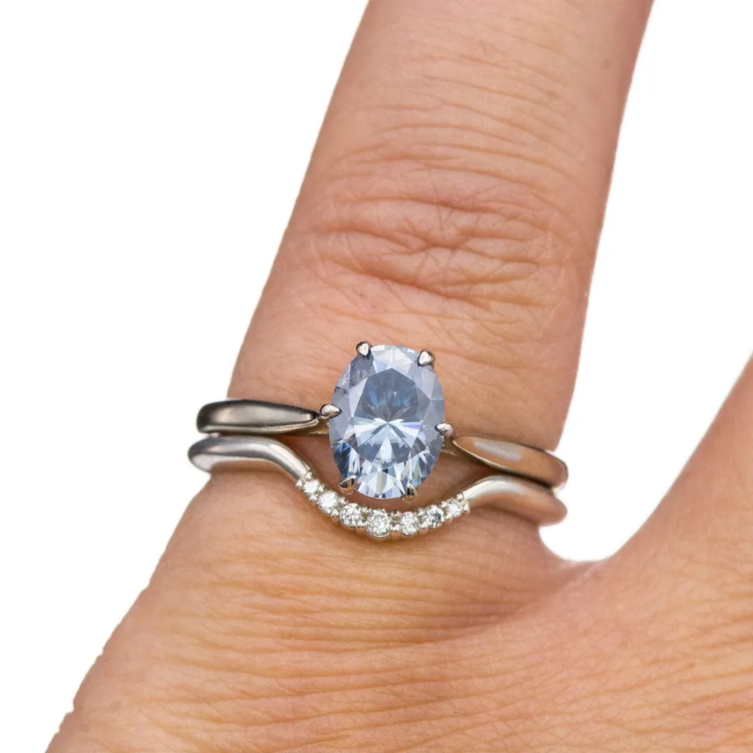 Dahlia Solitaire - Oval Blue Moissanite 6-Prong 14k White Gold Engagement Ring, Ready to Ship