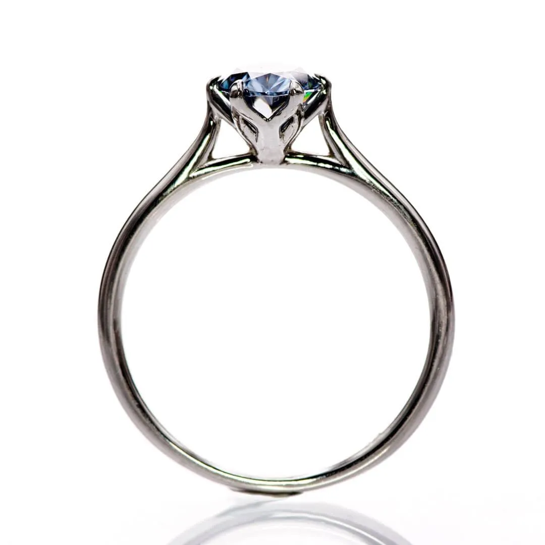 Dahlia Solitaire - Oval Blue Moissanite 6-Prong 14k White Gold Engagement Ring, Ready to Ship