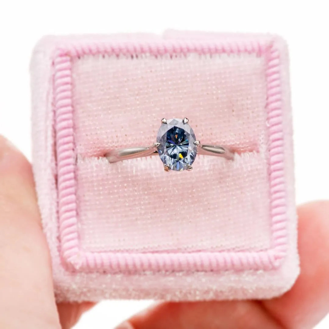 Dahlia Solitaire - Oval Blue Moissanite 6-Prong 14k White Gold Engagement Ring, Ready to Ship