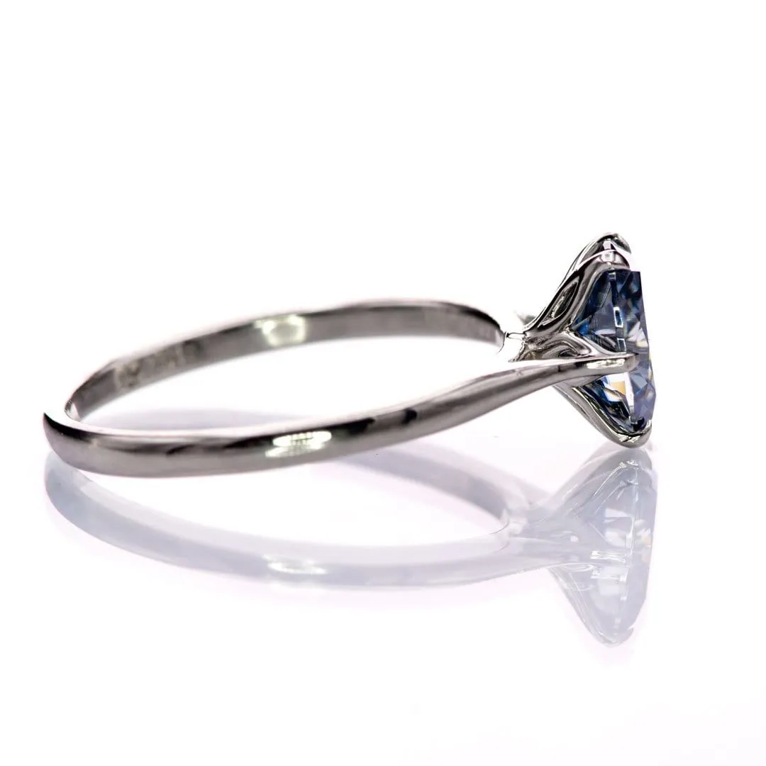 Dahlia Solitaire - Oval Blue Moissanite 6-Prong 14k White Gold Engagement Ring, Ready to Ship