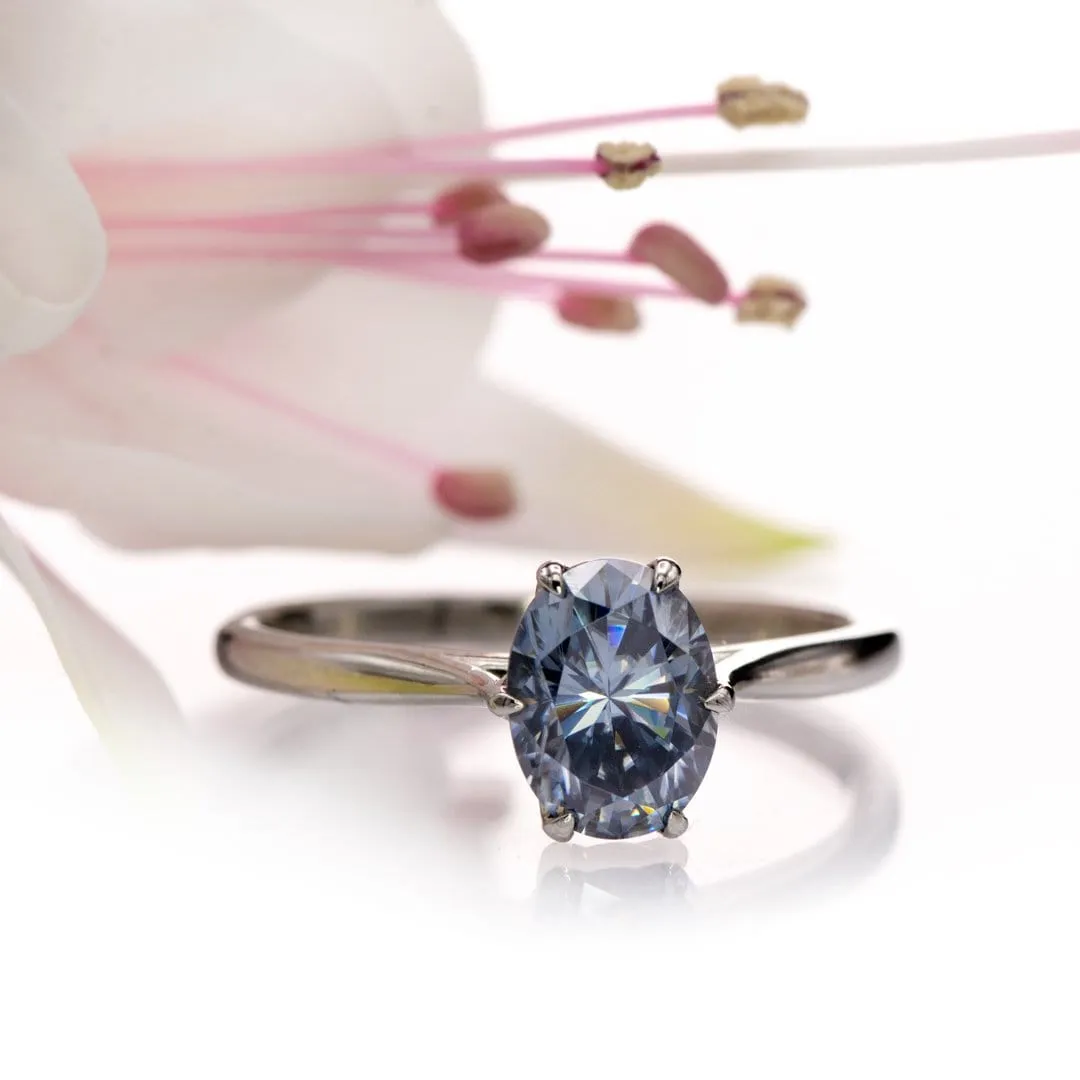 Dahlia Solitaire - Oval Blue Moissanite 6-Prong 14k White Gold Engagement Ring, Ready to Ship