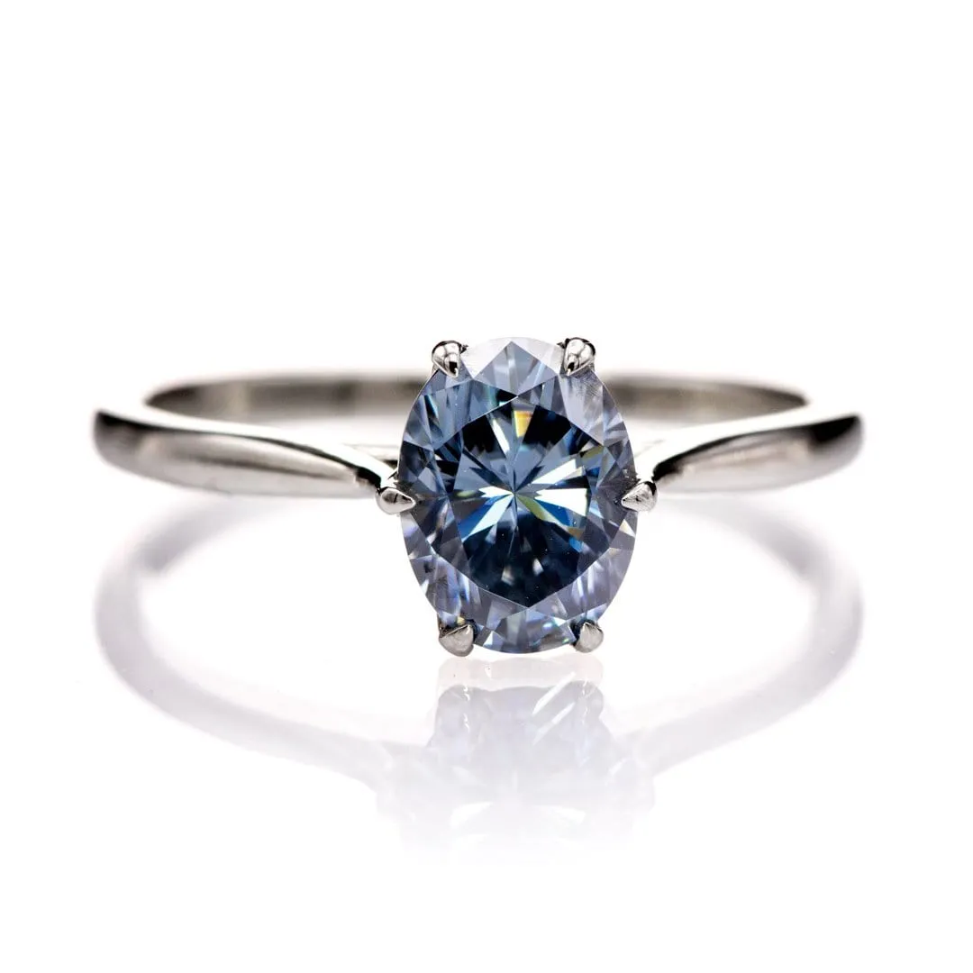 Dahlia Solitaire - Oval Blue Moissanite 6-Prong 14k White Gold Engagement Ring, Ready to Ship