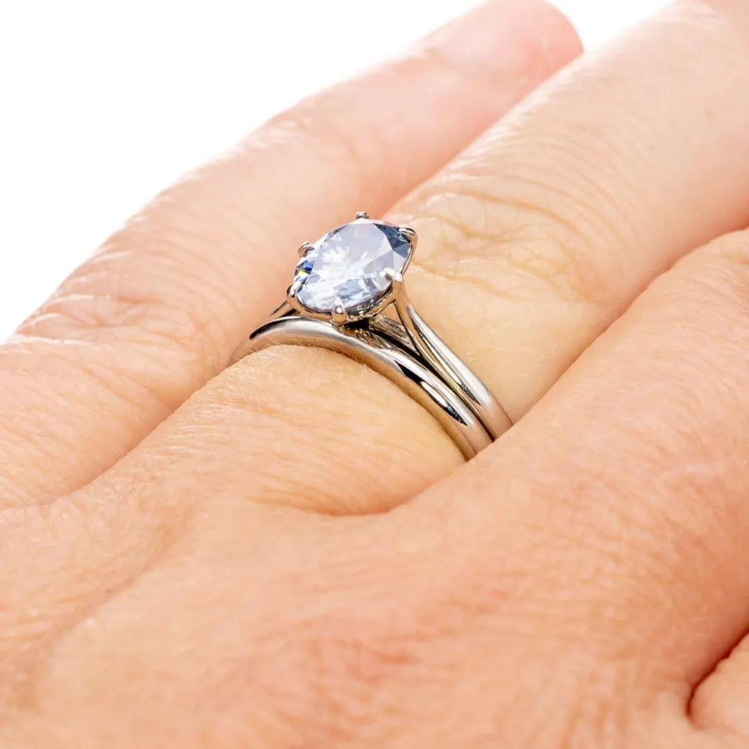 Dahlia Solitaire - Oval Blue Moissanite 6-Prong 14k White Gold Engagement Ring, Ready to Ship