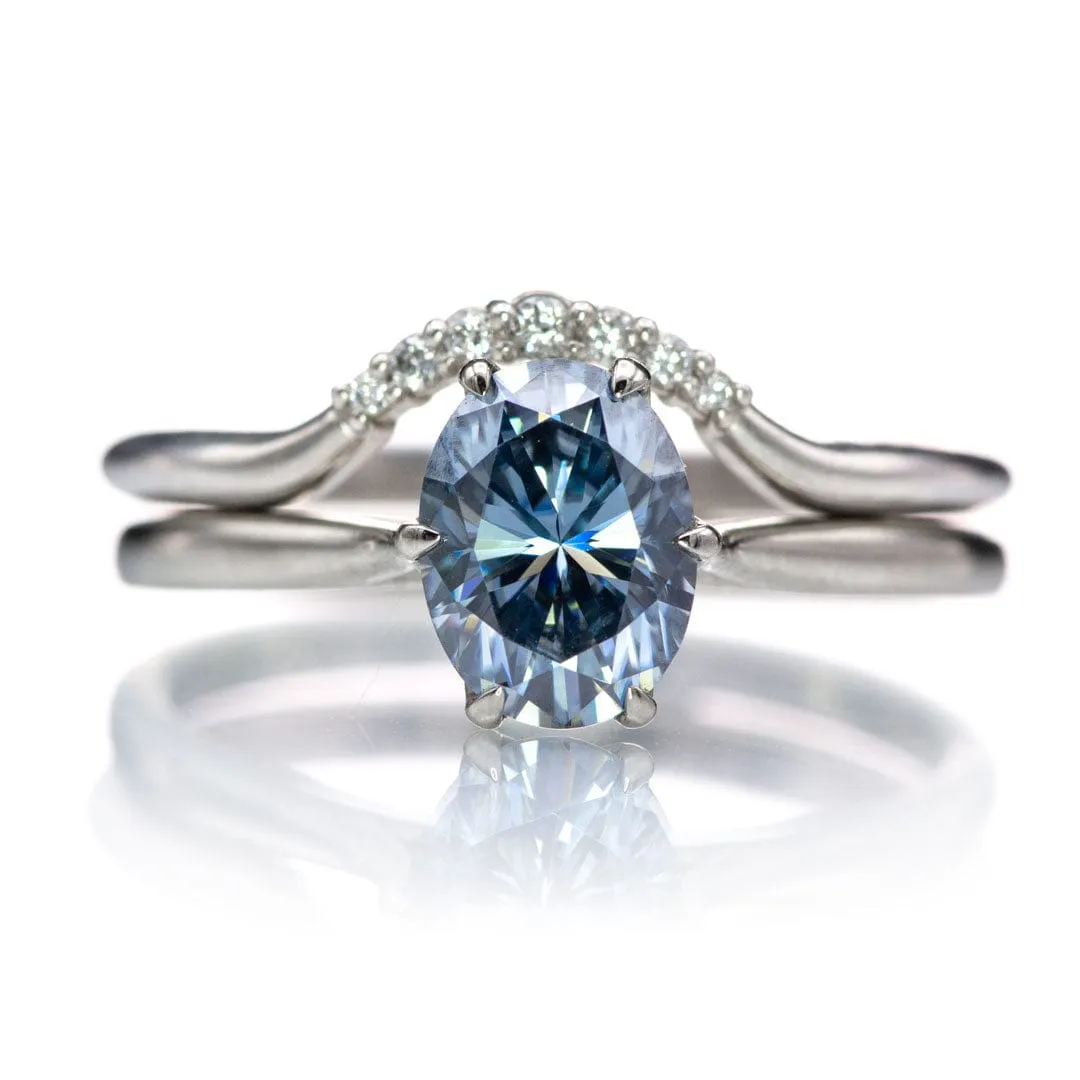 Dahlia Solitaire - Oval Blue Moissanite 6-Prong 14k White Gold Engagement Ring, Ready to Ship