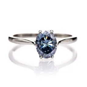 Dahlia Solitaire - Oval Blue Moissanite 6-Prong 14k White Gold Engagement Ring, Ready to Ship