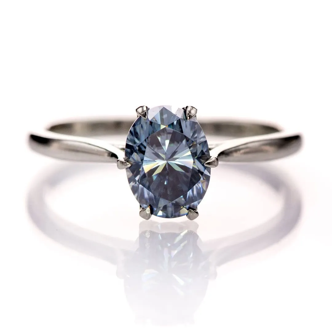 Dahlia Solitaire - Oval Blue Moissanite 6-Prong 14k White Gold Engagement Ring, Ready to Ship