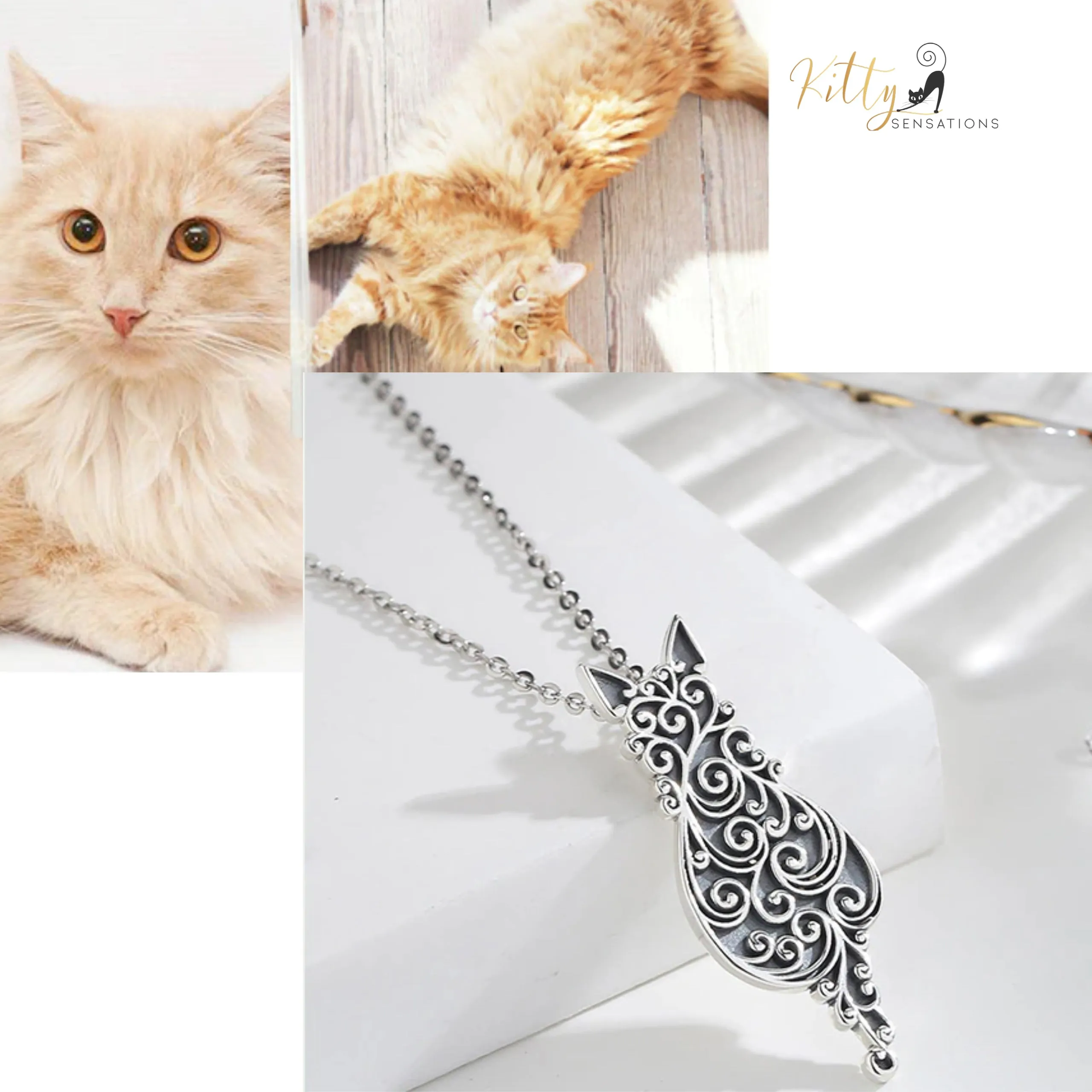 Filigree Cat Over Solid 925 Sterling Silver Cat Necklace