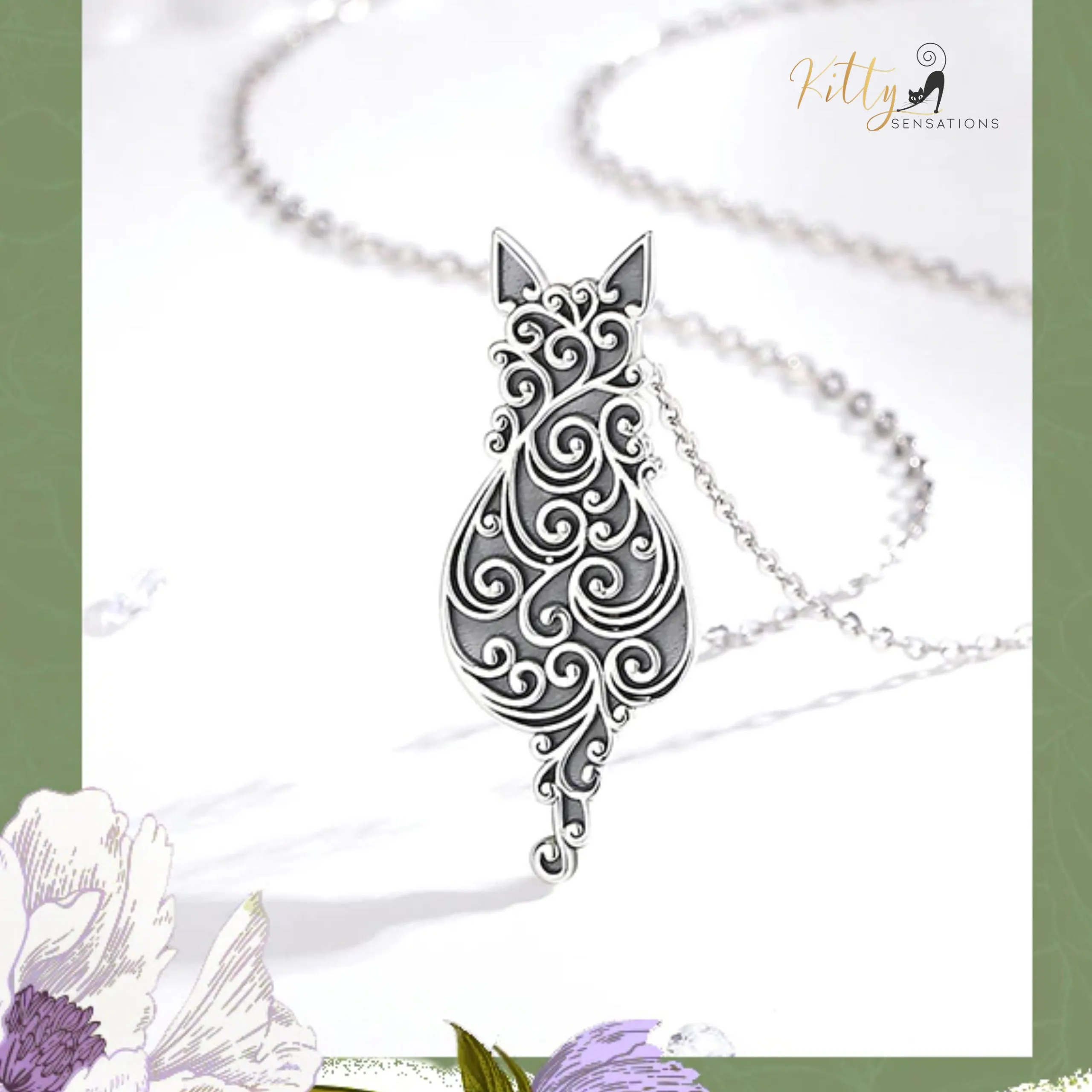 Filigree Cat Over Solid 925 Sterling Silver Cat Necklace