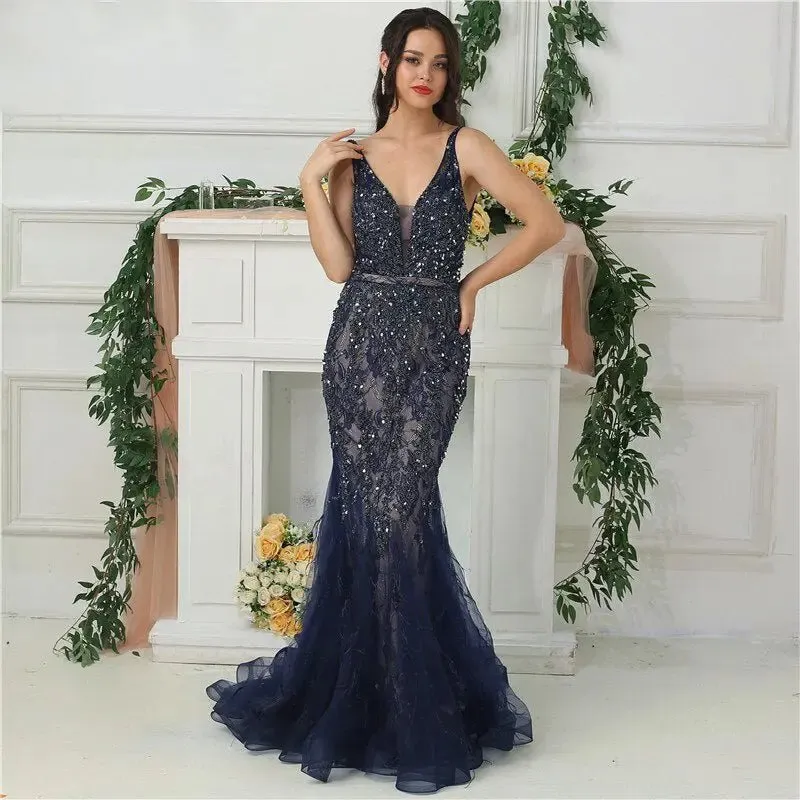 Gal Feather Beading Evening Dress