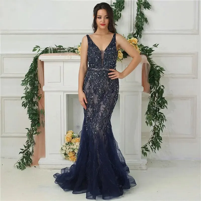 Gal Feather Beading Evening Dress