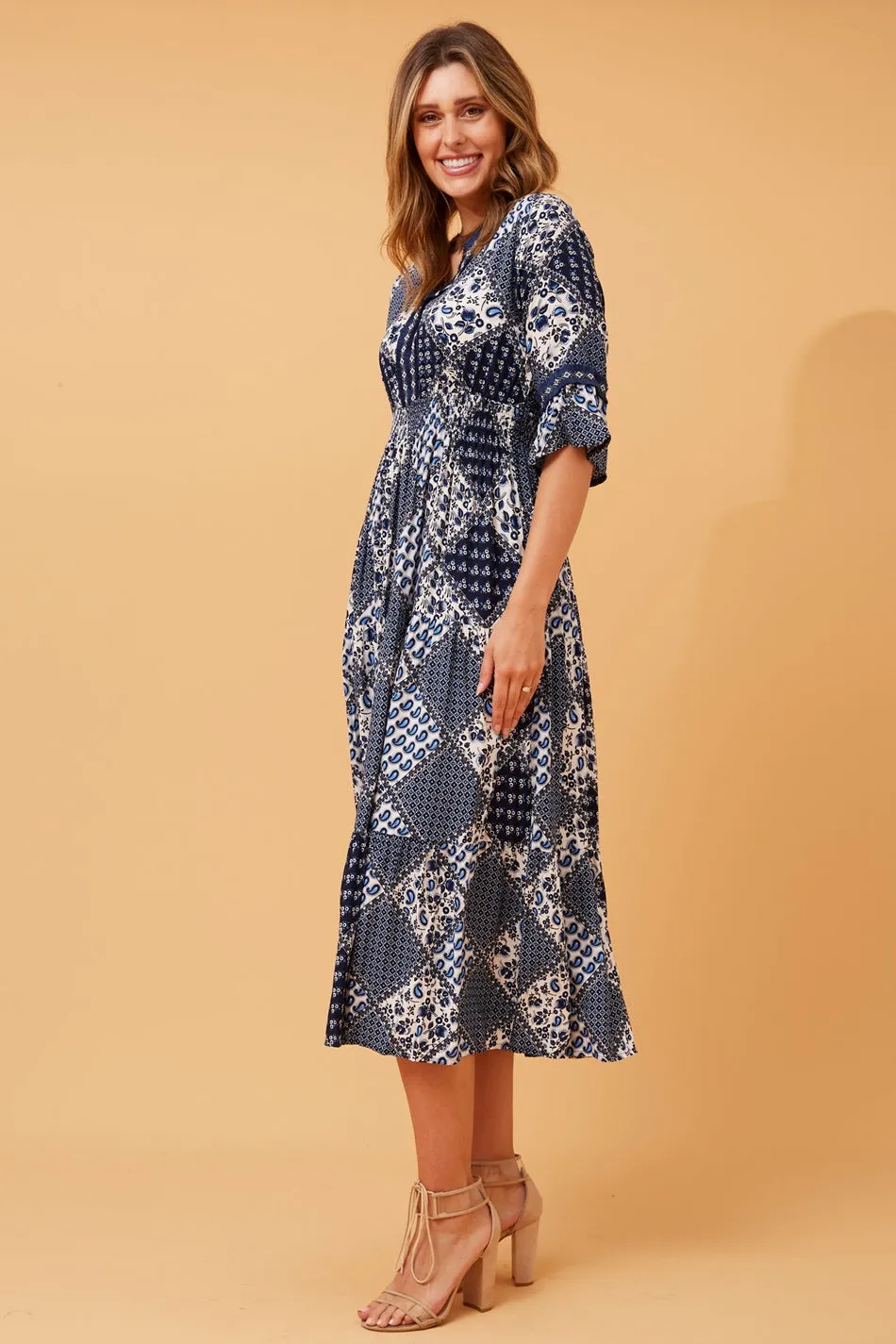 GILMA PATCHWORK BOHO MIDI DRESS