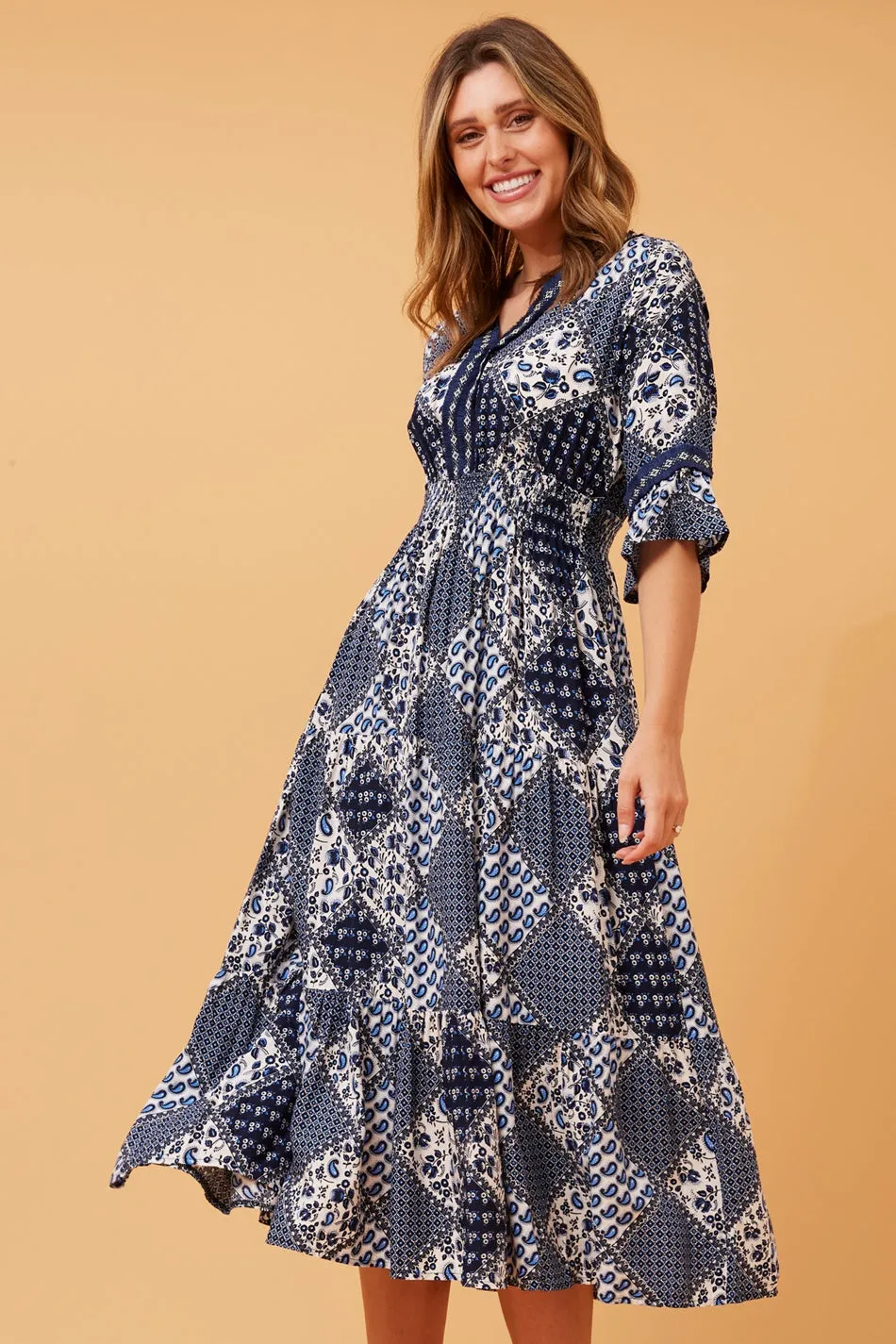 GILMA PATCHWORK BOHO MIDI DRESS