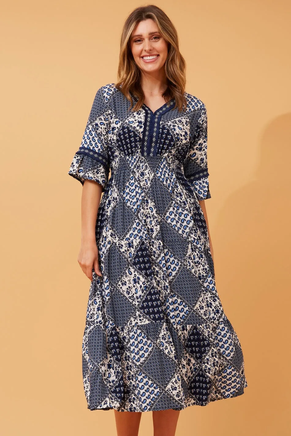 GILMA PATCHWORK BOHO MIDI DRESS