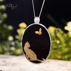 Gold Kitty on Natural Agate Necklace in Solid 925 Sterling Silver (Gold Plated) - Pendant Only