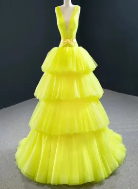 Heavenly Yellow Tiered Tulle Evening Dress