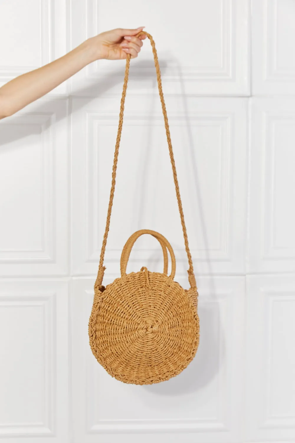 Justin Taylor Feeling Cute Rounded Rattan Handbag in Camel