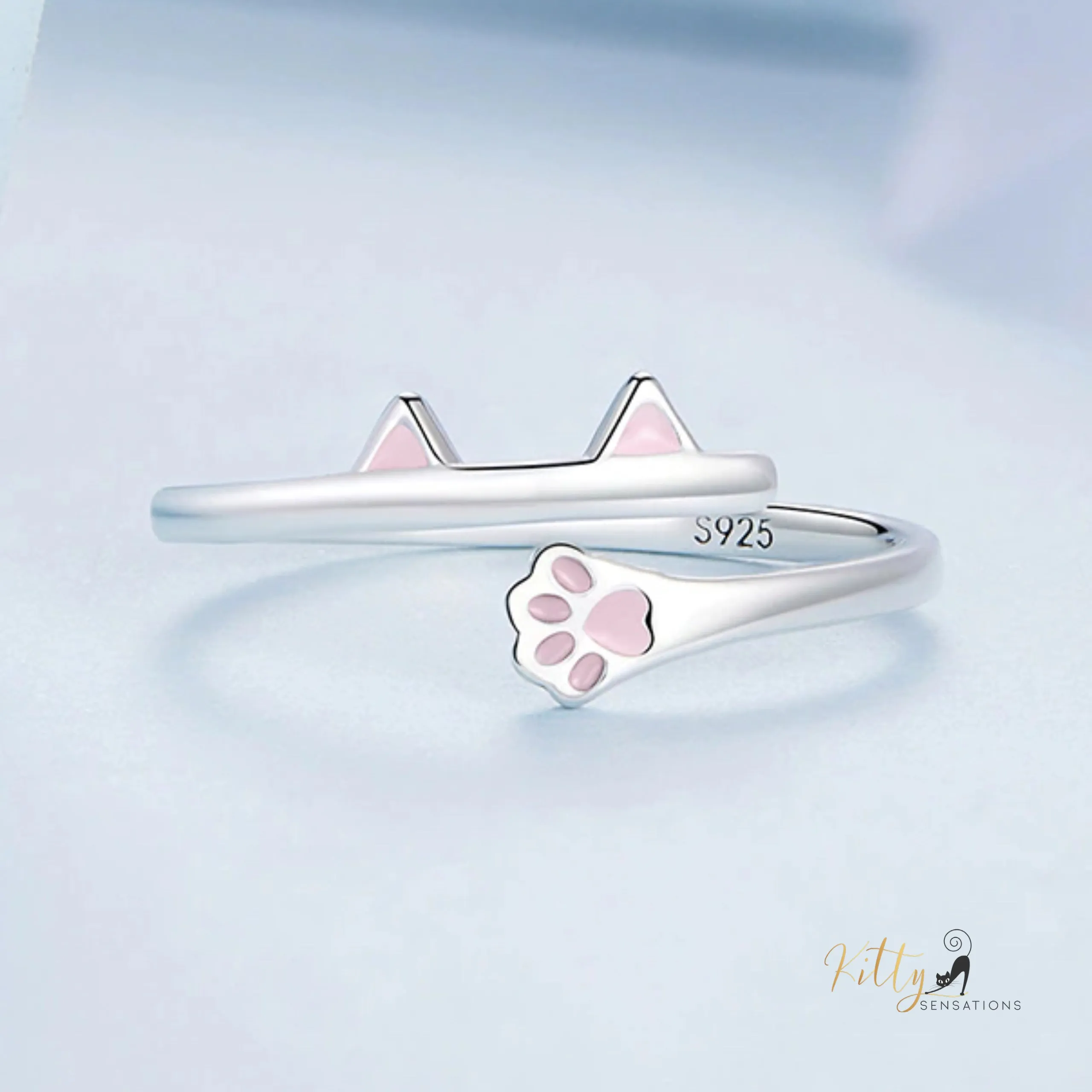 Kitty Ears and Paw Ring with Pink Enamel in Solid 925 Sterling Silver - Adjustable Size