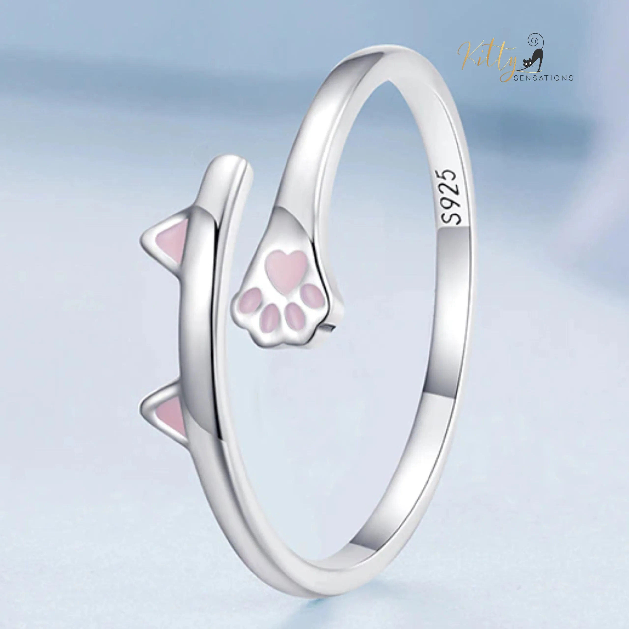 Kitty Ears and Paw Ring with Pink Enamel in Solid 925 Sterling Silver - Adjustable Size