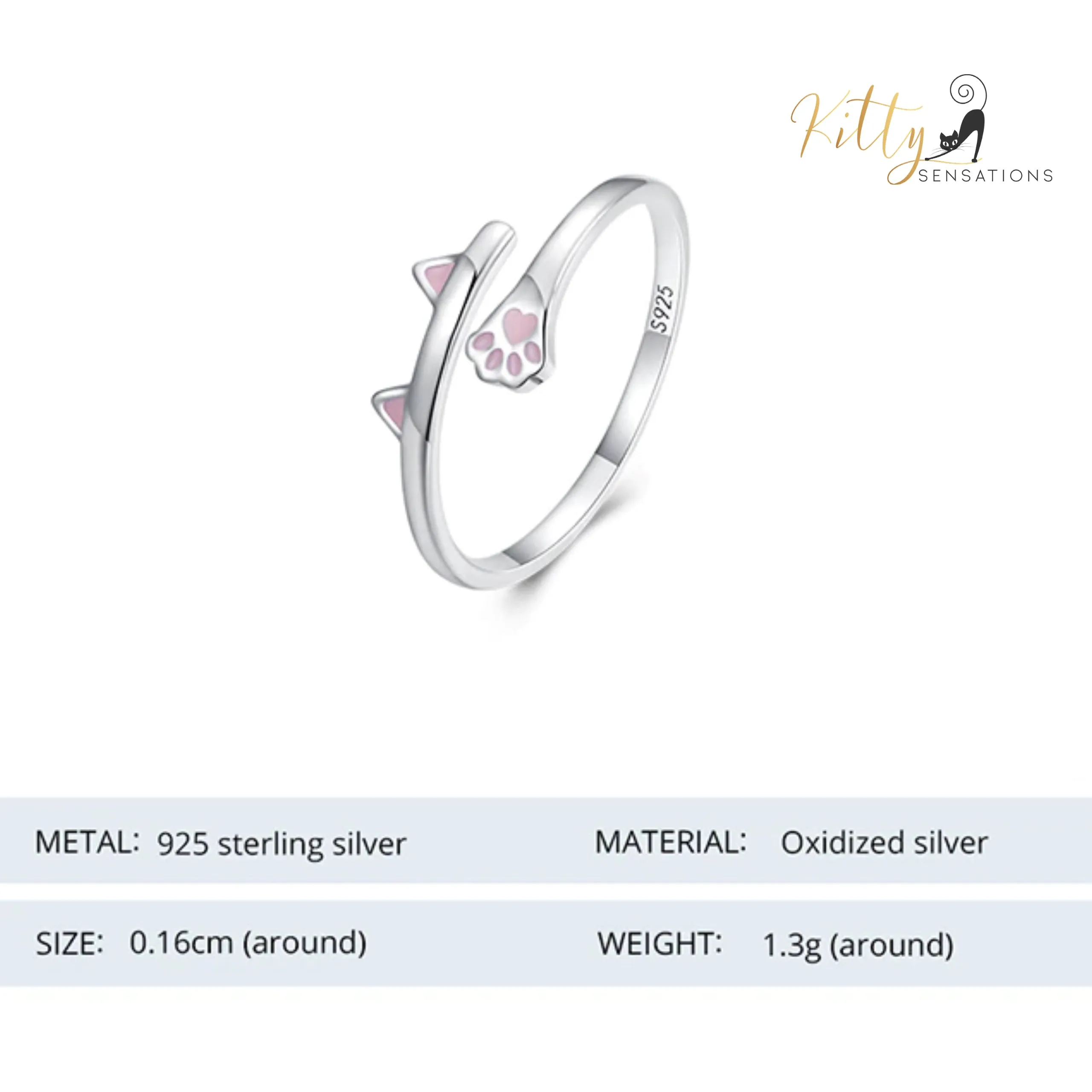 Kitty Ears and Paw Ring with Pink Enamel in Solid 925 Sterling Silver - Adjustable Size