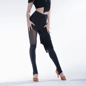 Ladies Black Fringe Latin Practice Dance Pants with Mesh Cutouts and Foot Stirrups PRA 1105 In Stock