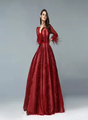 Leila - Wine Red Evening Gown With Long Sleeves