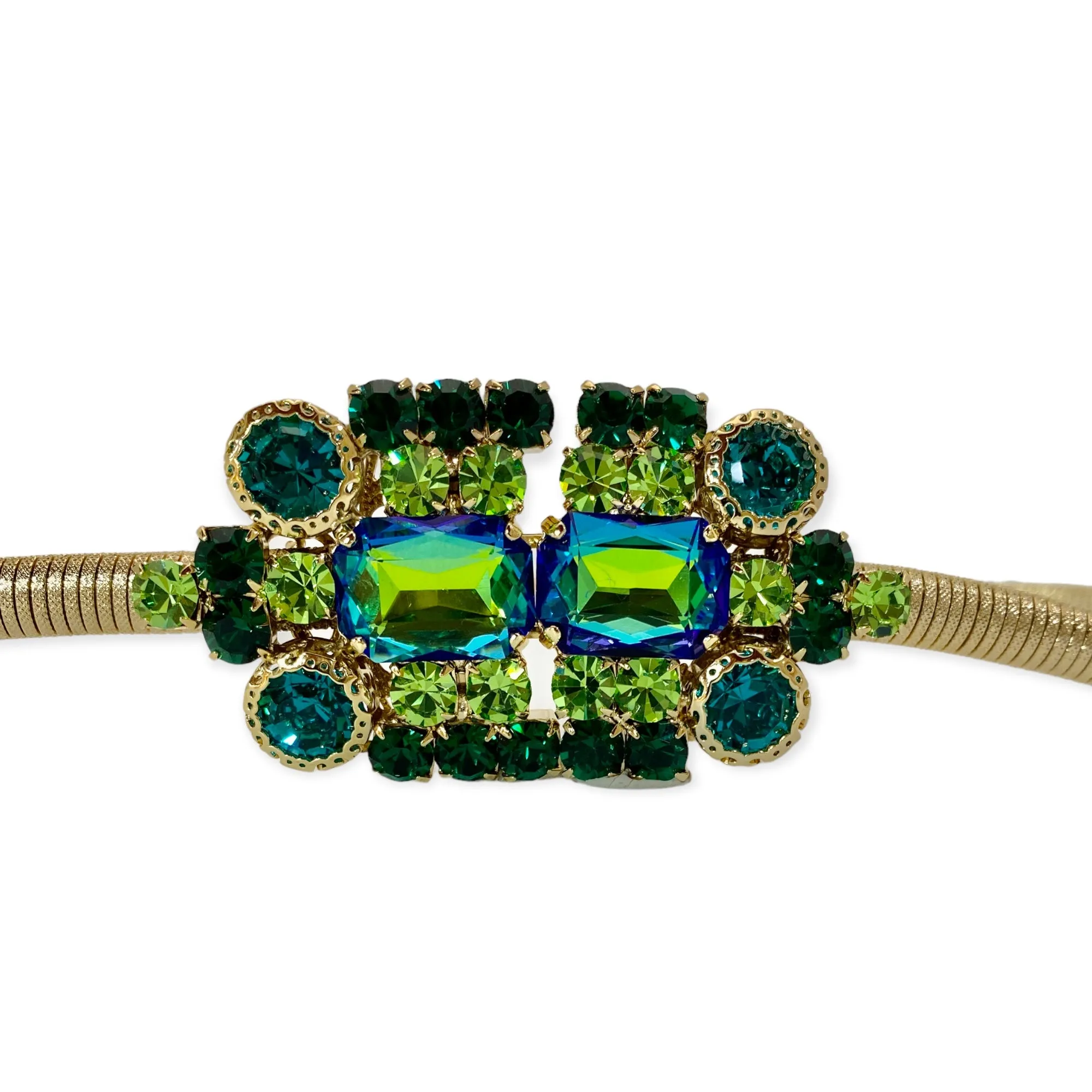 Lucrezia Belt In Thin Slightly Elastic Metal Mesh With Green Jewel Buckle.