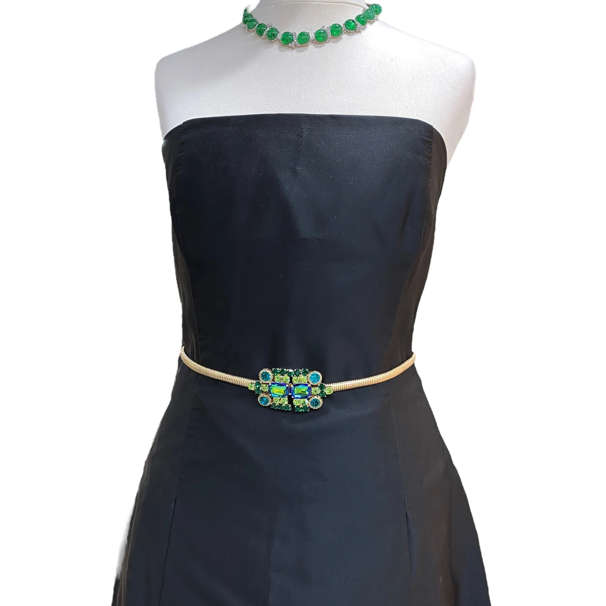 Lucrezia Belt In Thin Slightly Elastic Metal Mesh With Green Jewel Buckle.