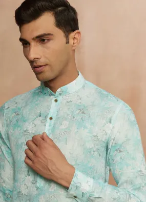 Manyawar Aqua Green Floral Print Kurta