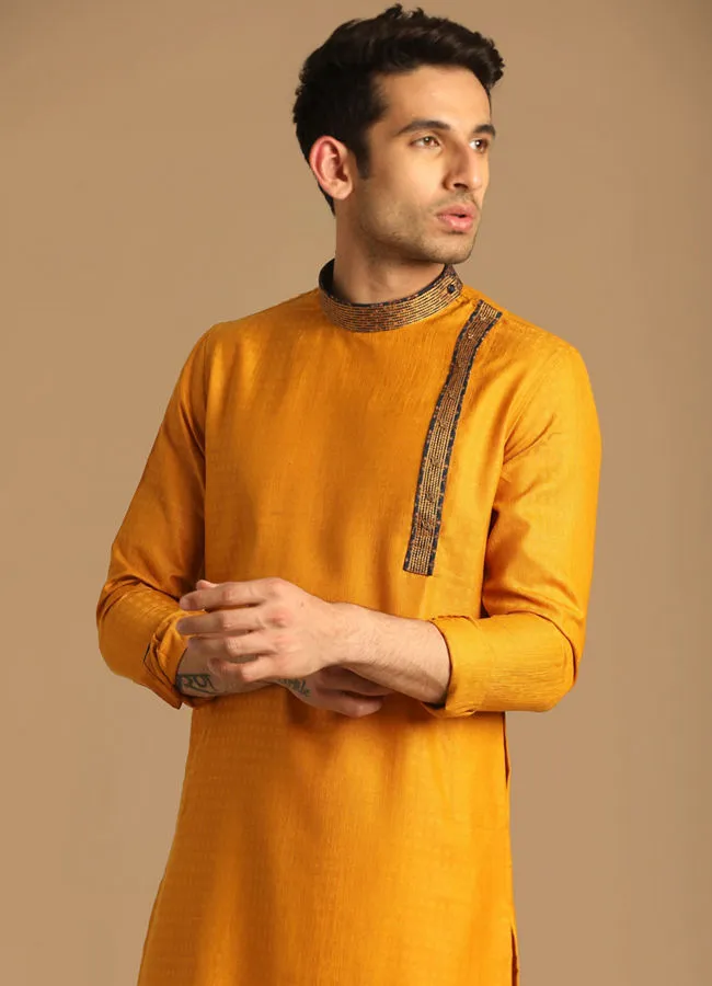 Manyawar Mustard Yellow Kurta With Neck Detailing