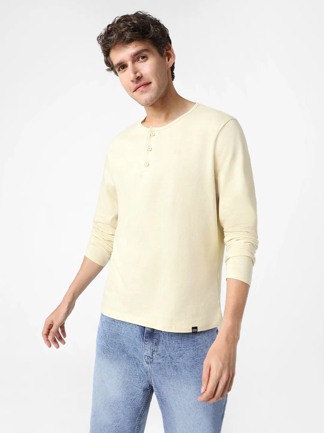 Men's Cloud Cream Solid Henley Neck Slim Fit Full Sleeve Cotton T-Shirt