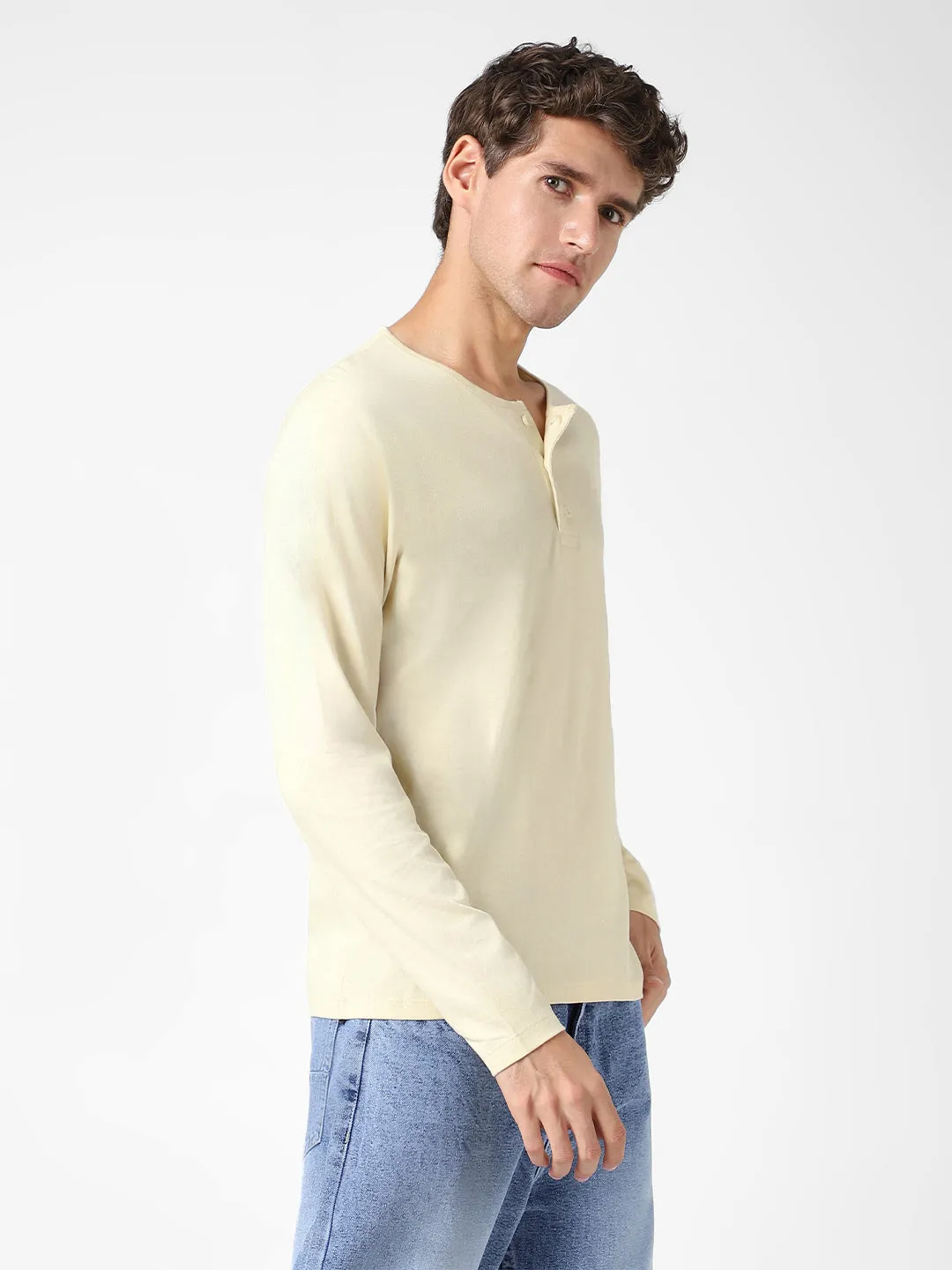 Men's Cloud Cream Solid Henley Neck Slim Fit Full Sleeve Cotton T-Shirt