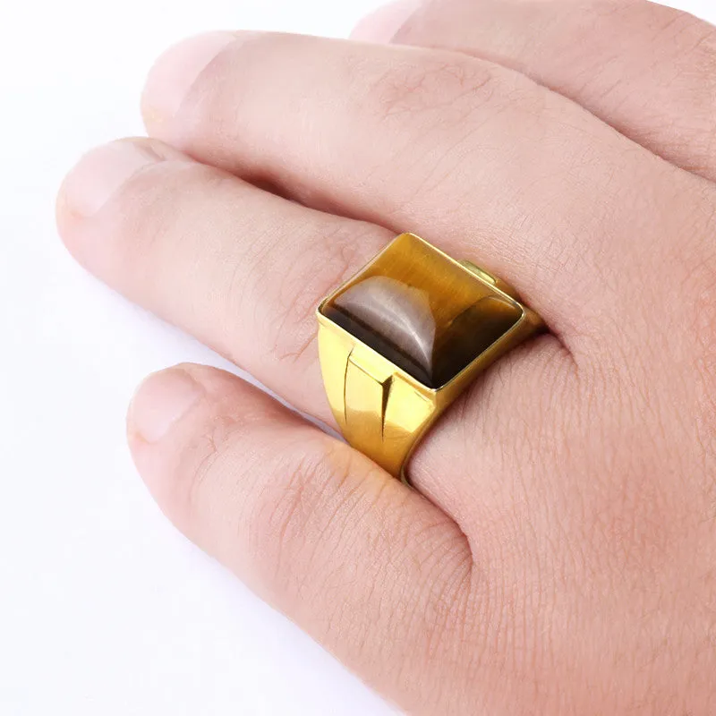 Men's Statement Ring in 14k Yellow Gold with Natural Brown Tiger's Eye Stone