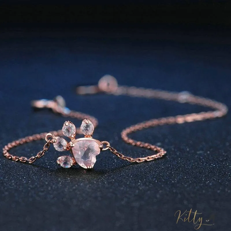 Natural Rose Quartz Cat Paw Bracelet (14K Rose Gold Plated)