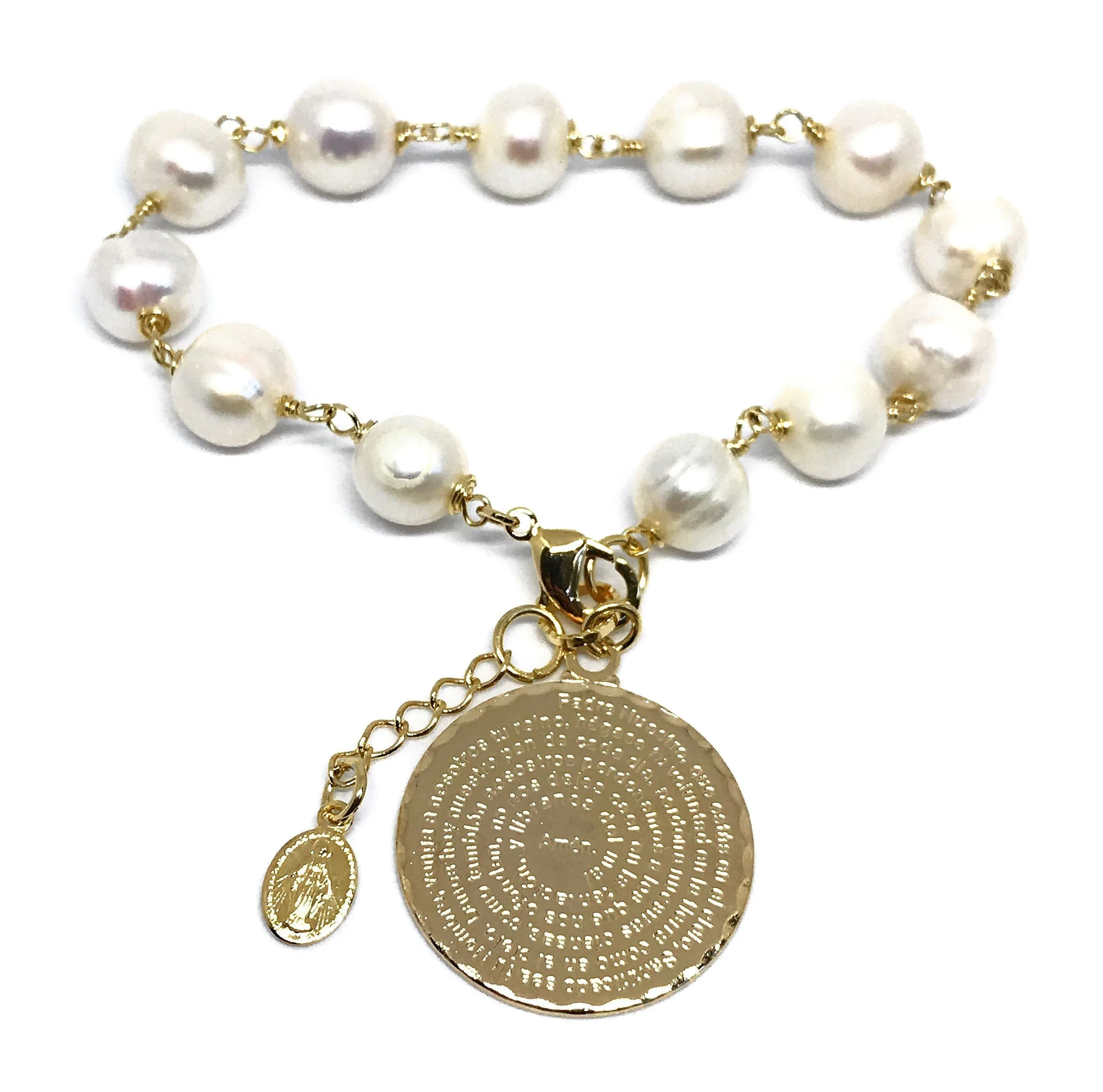 Our Father Prayer Bracelet, Pearls Bracelet gold plated pendant, Lords Prayer, Pulsera Oracion Padre Nuestro, catholic gift, religious medal