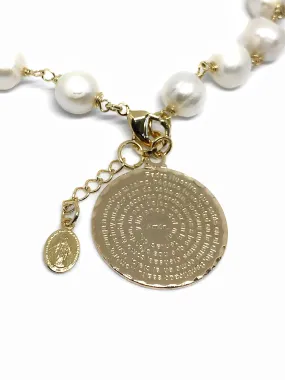 Our Father Prayer Bracelet, Pearls Bracelet gold plated pendant, Lords Prayer, Pulsera Oracion Padre Nuestro, catholic gift, religious medal