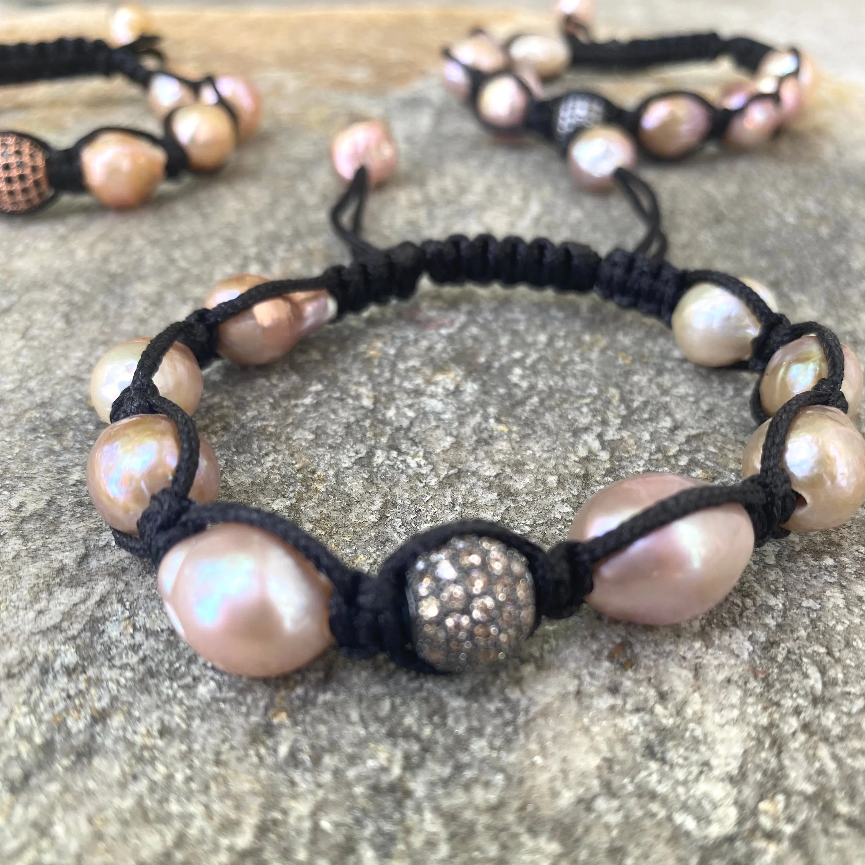 Pastel Baroque Pearl Braided Bracelet, Black Thread, Shamballa Macrame Bracelet, June Birthstone