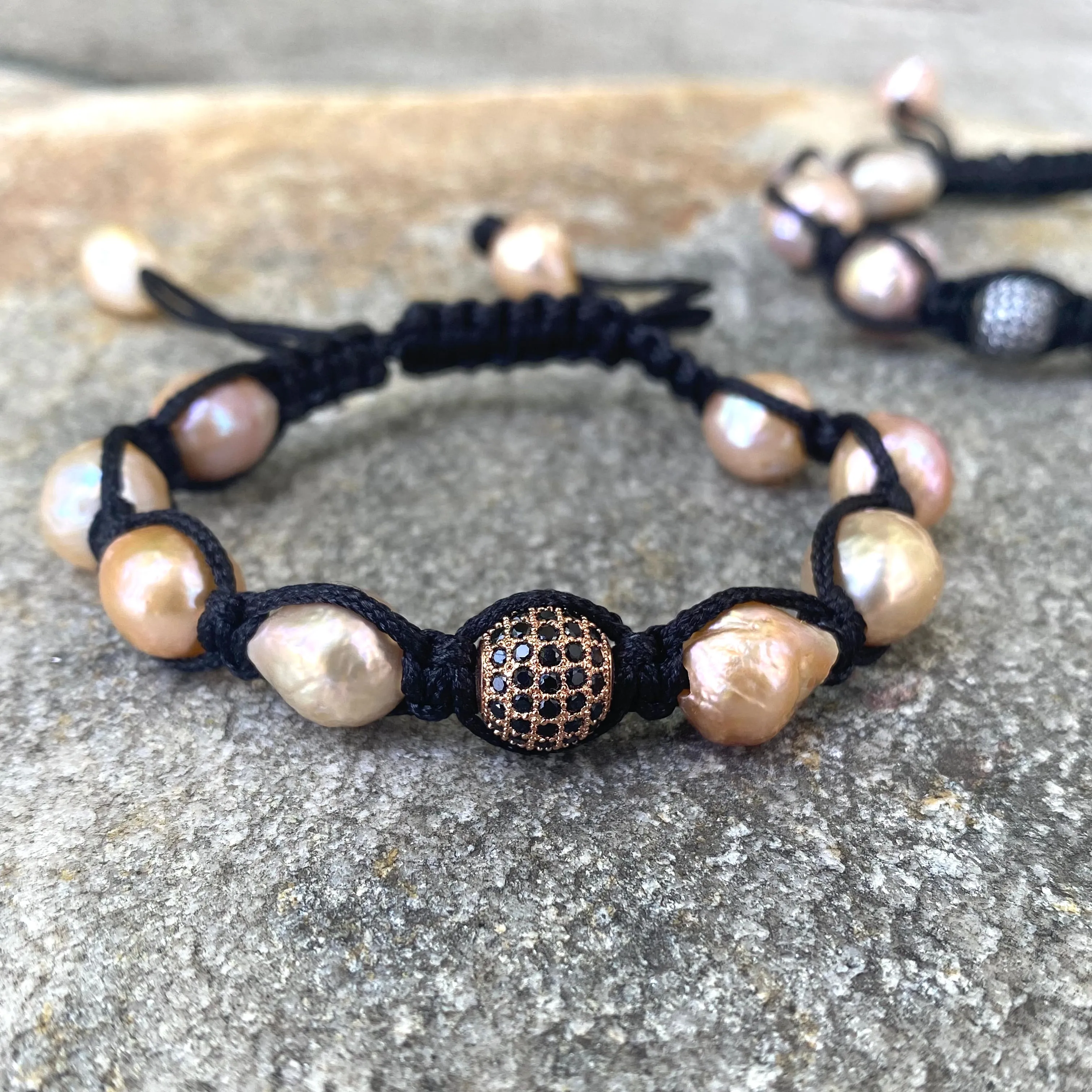 Pastel Baroque Pearl Braided Bracelet, Black Thread, Shamballa Macrame Bracelet, June Birthstone